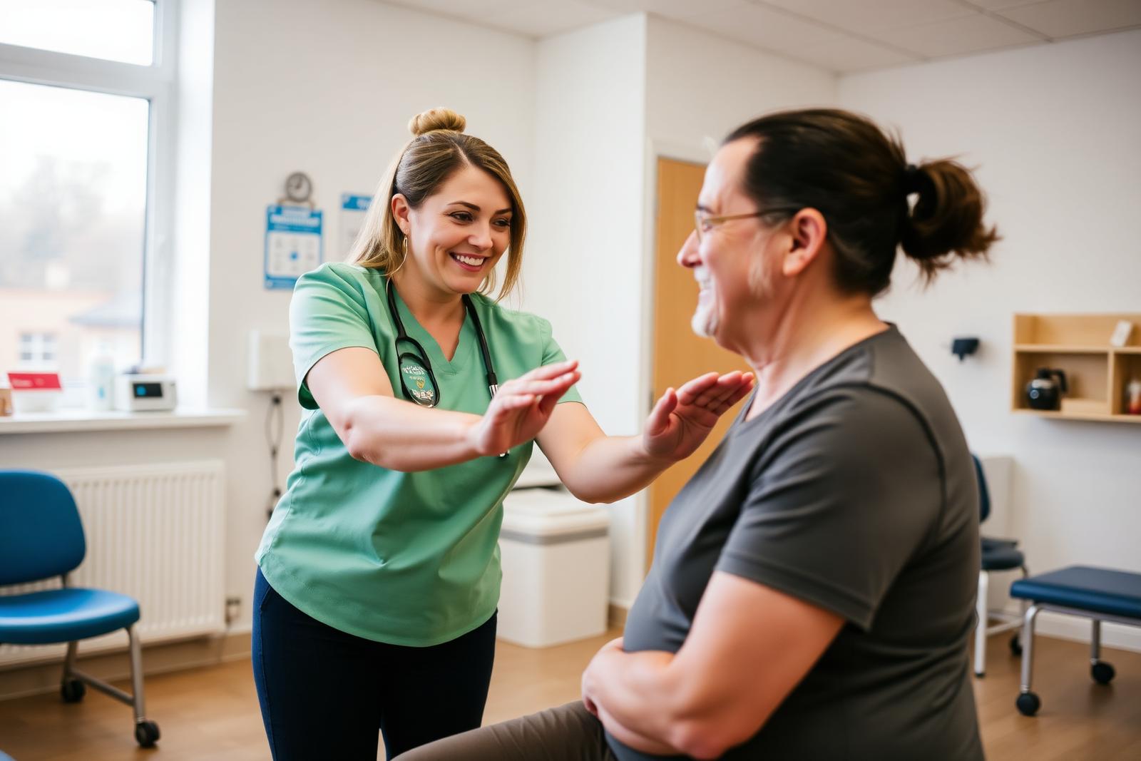 A physiotherapist guiding a participant through gentle exercises
