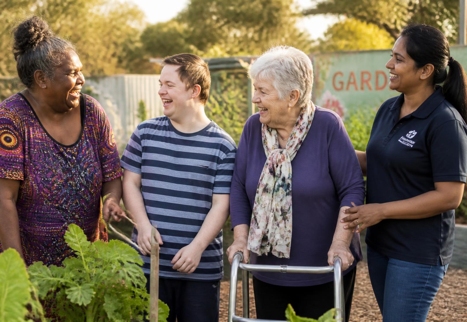 A diverse group of Australians, including an Aboriginal woman and a young man with Down syndrome, laughing together in a community garden