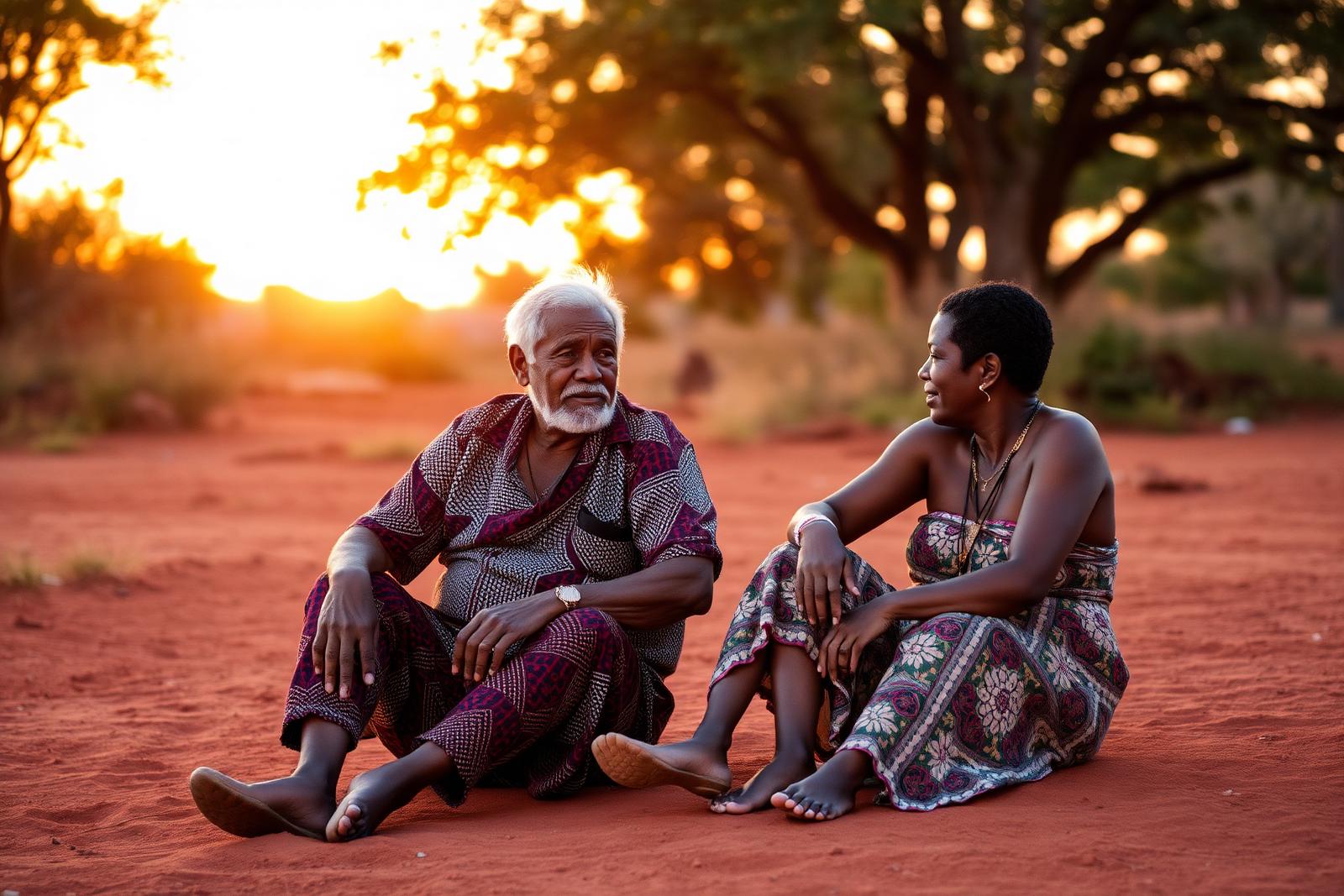 An elder and a family member sitting together on Country at sunset