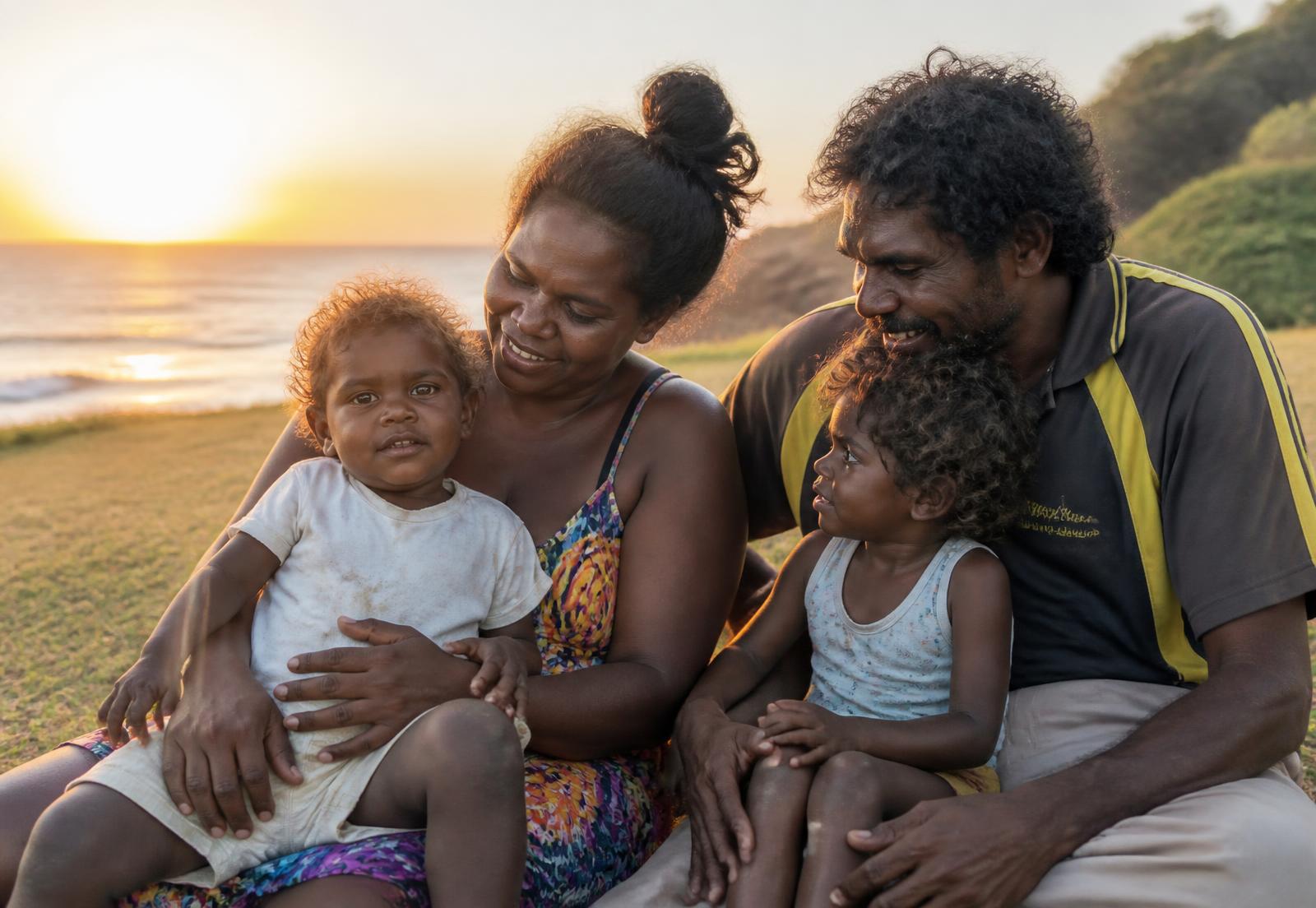 An Aboriginal Australian family sitting together on the grass near the coast at sunrise