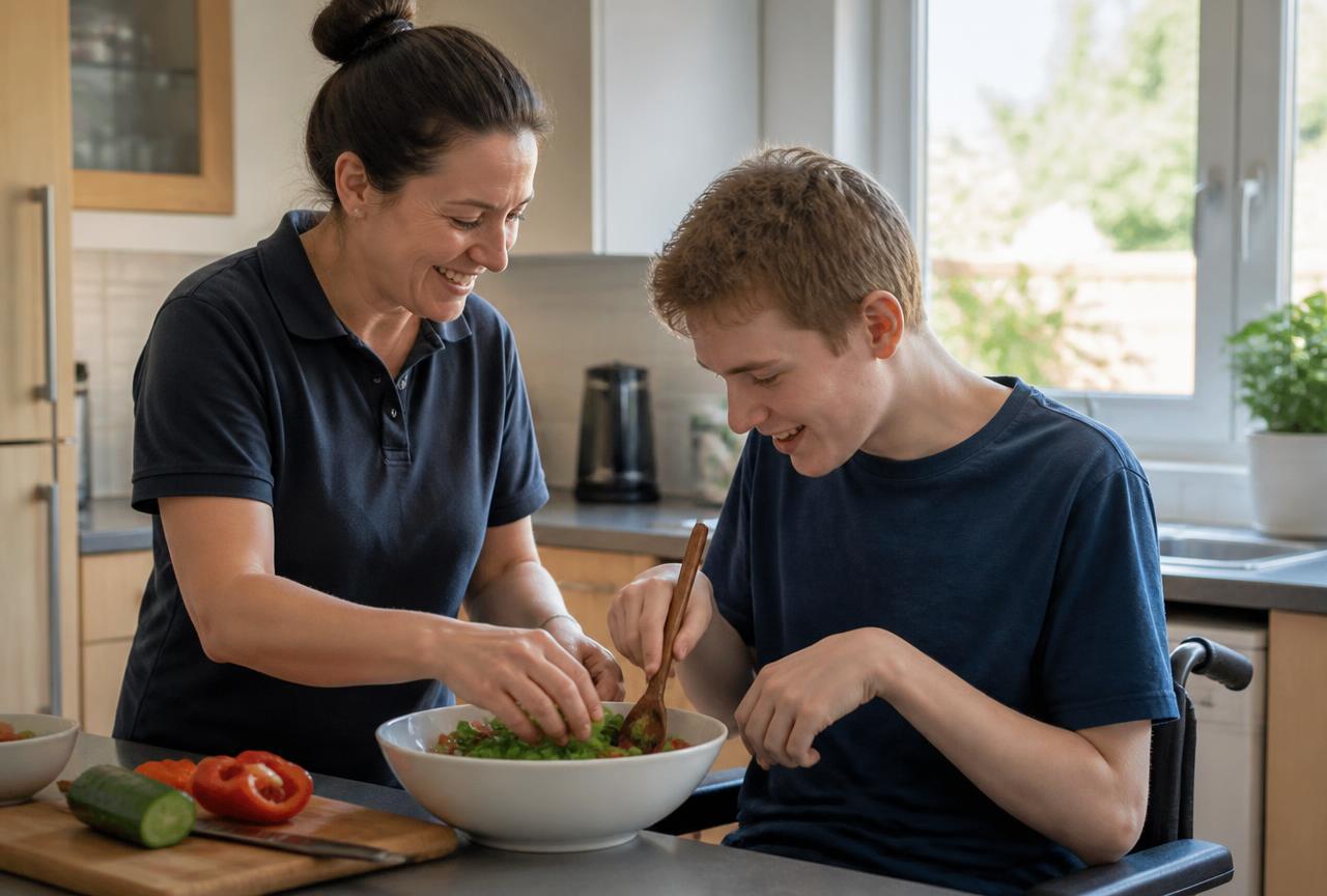 A support worker helping a participant cook at home