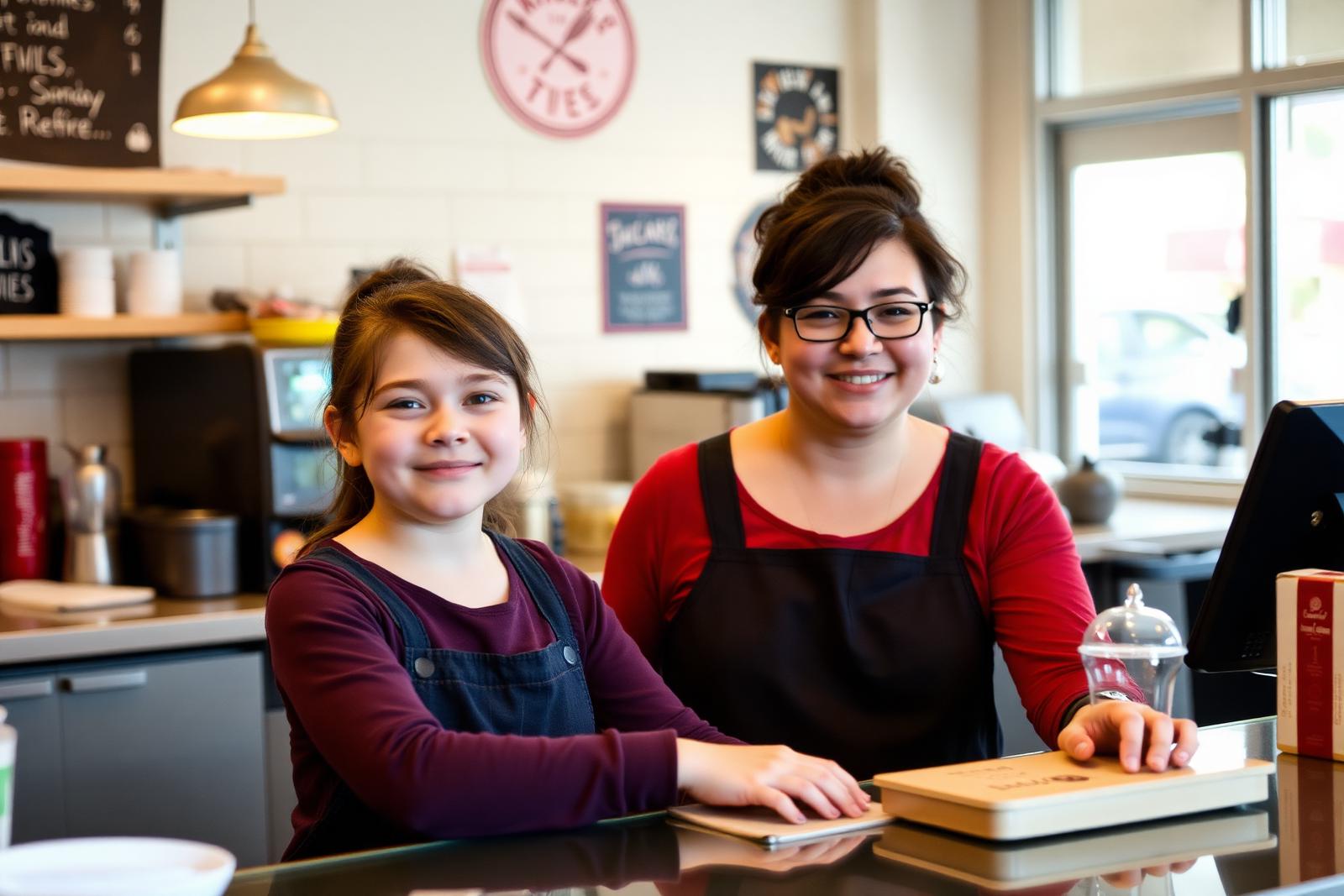 A young woman working at a cafe counter with her job coach nearby