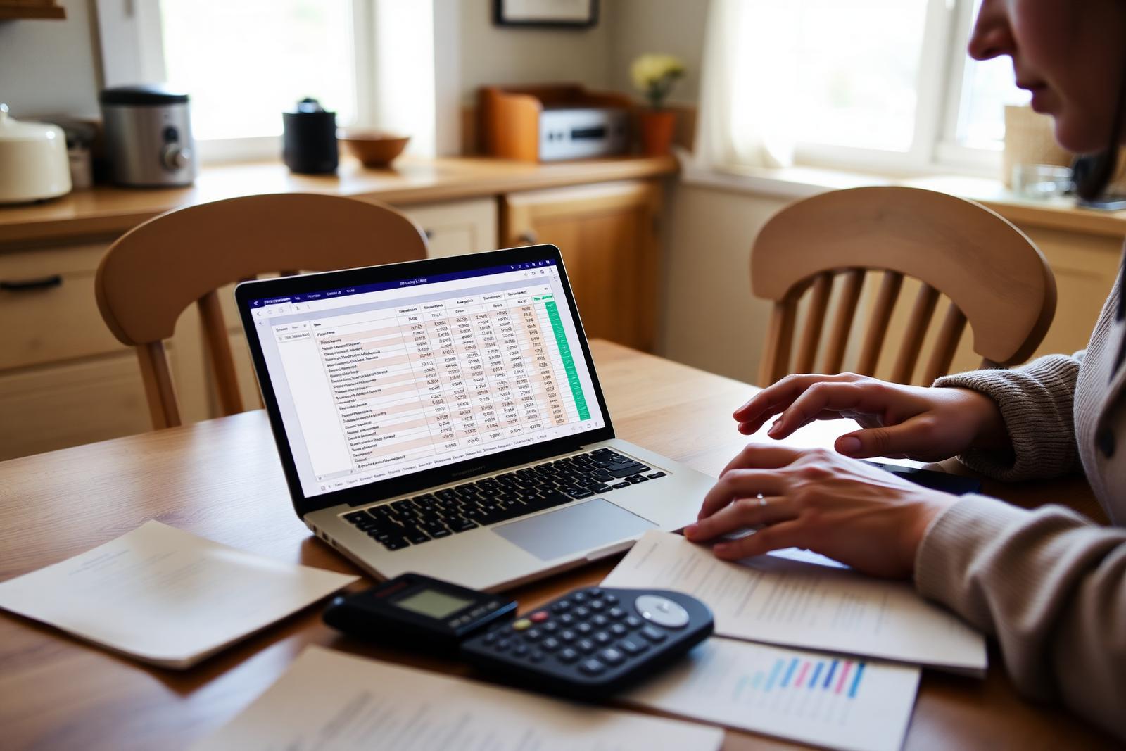 Reviewing NDIS plan budgets and invoices at a kitchen table