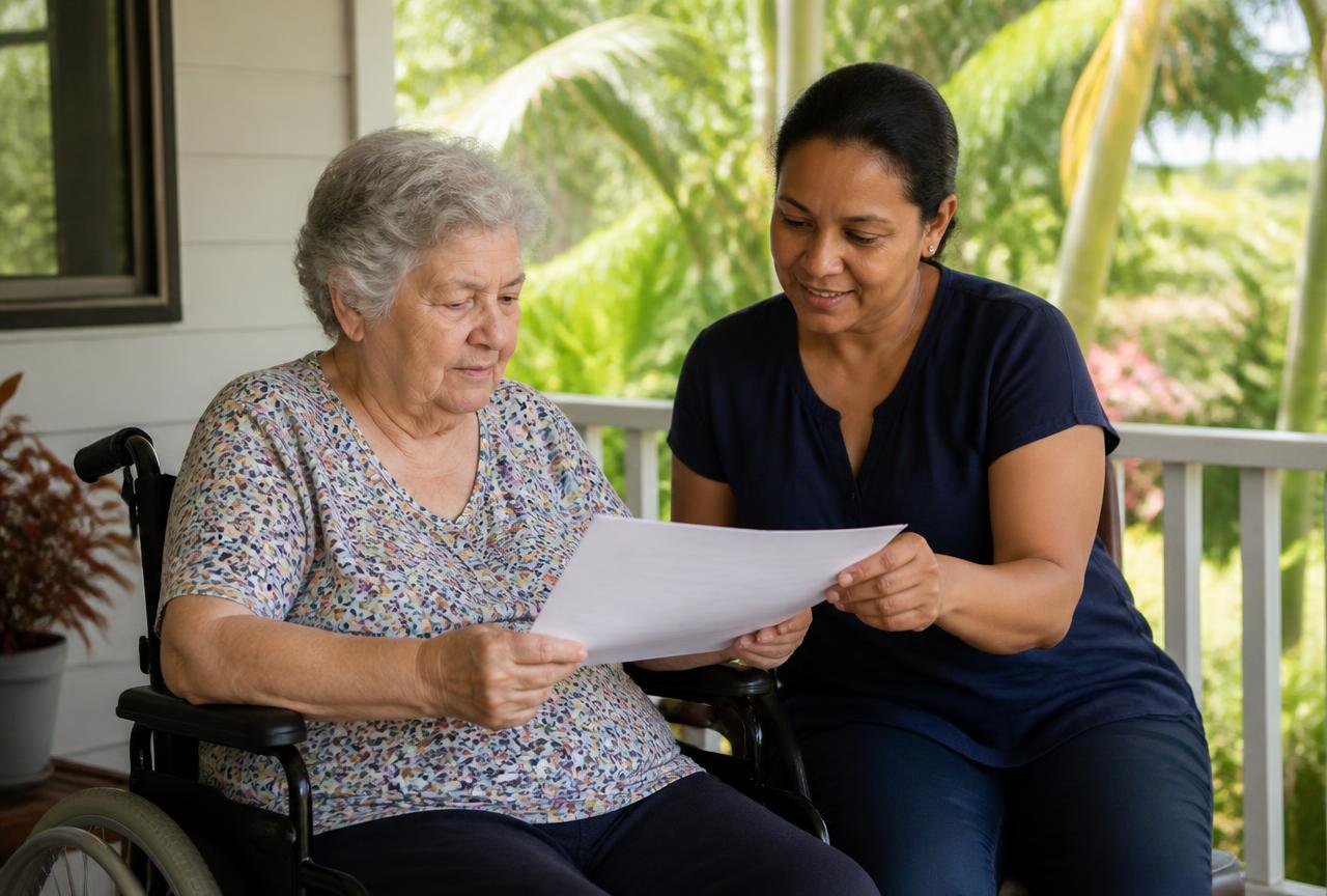 A participant and her support worker reading plan information together on a veranda