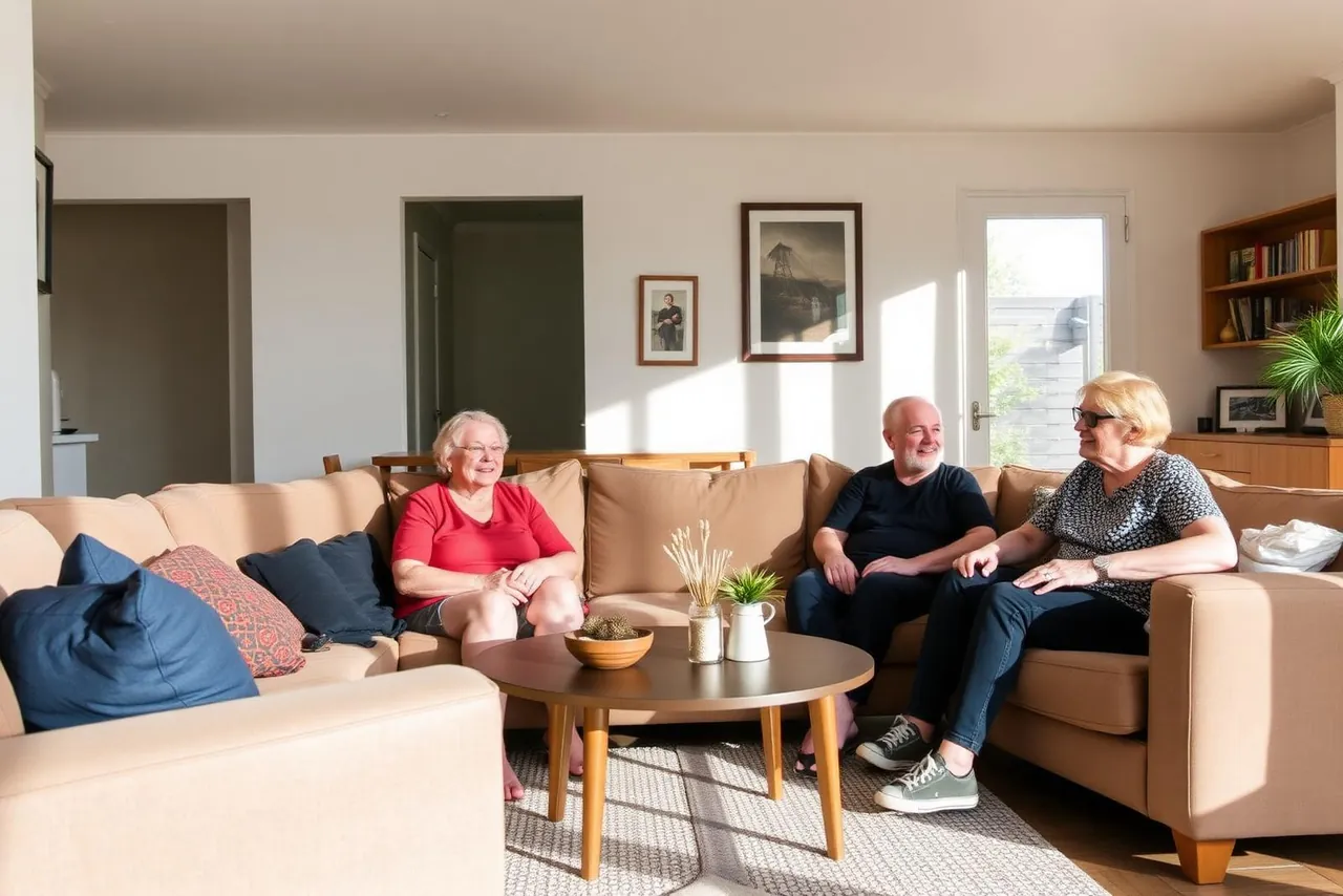 Housemates and a support worker relaxing in a shared accessible home