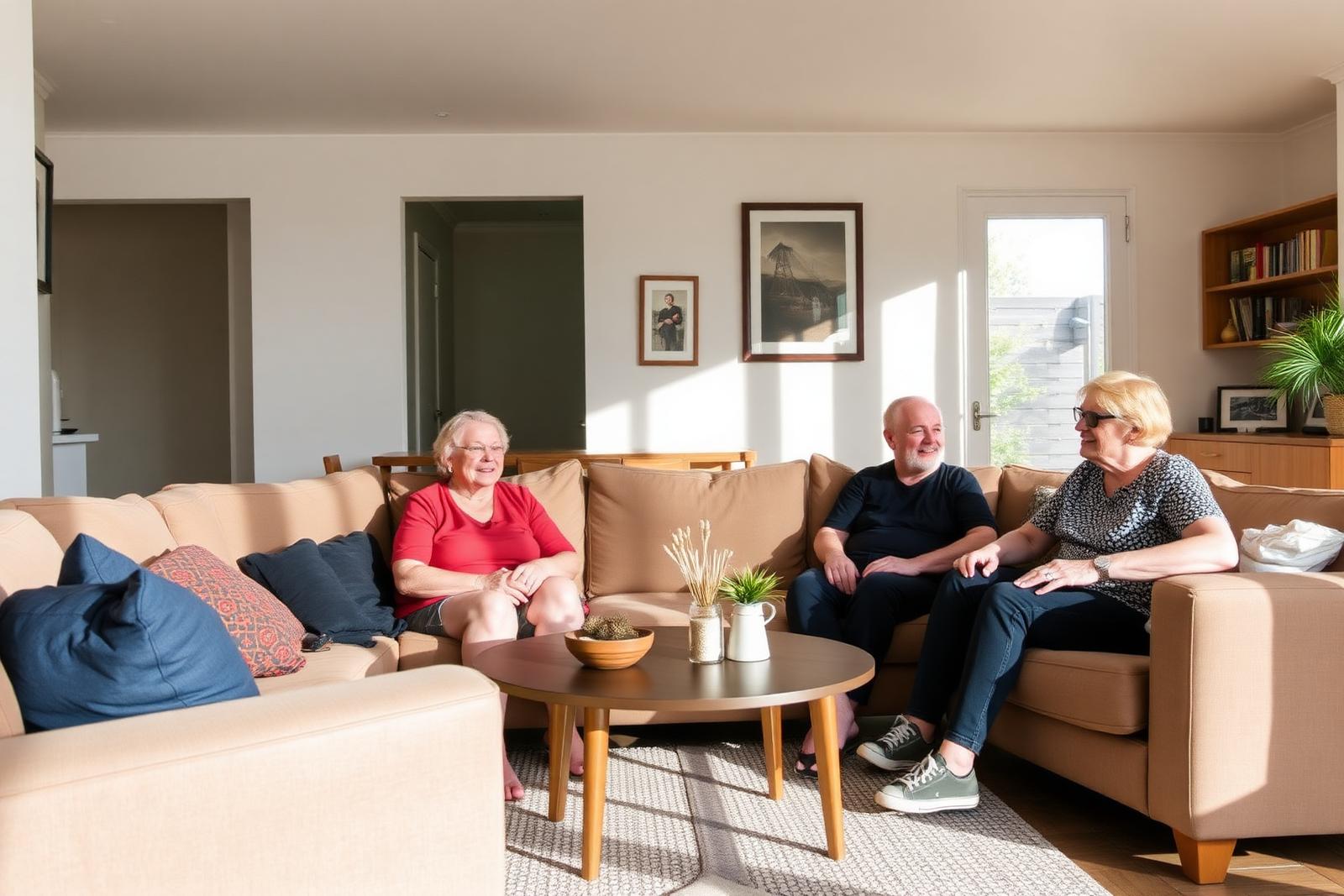 Housemates and a support worker relaxing in a shared accessible home