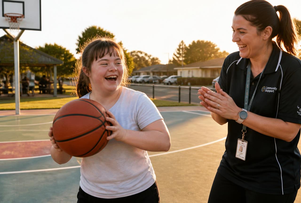 A participant playing sport with a support worker