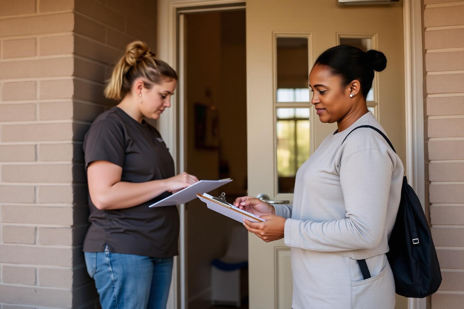 Two support workers checking notes at the start of a shift
