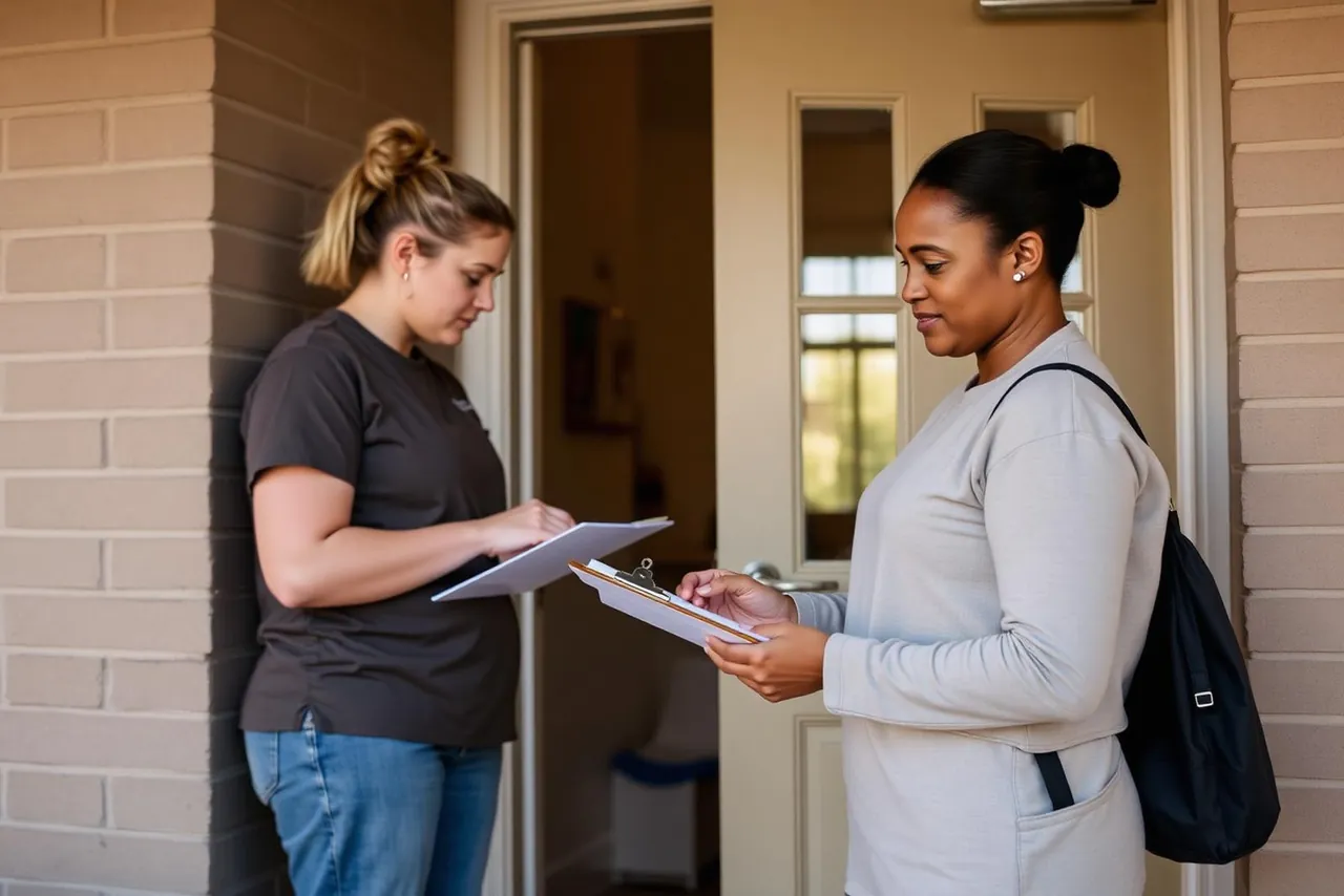 Two support workers checking notes at the start of a shift