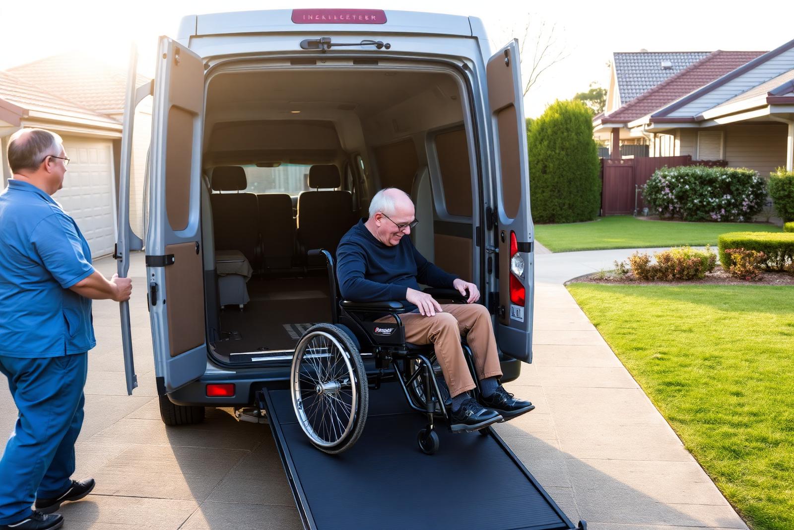 A support worker assisting a man in a wheelchair onto an accessible van ramp